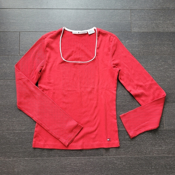 Tommy Hilfiger Red Cotton Knit Pullover Long sleeves Top Size M - Picture 1 of 6